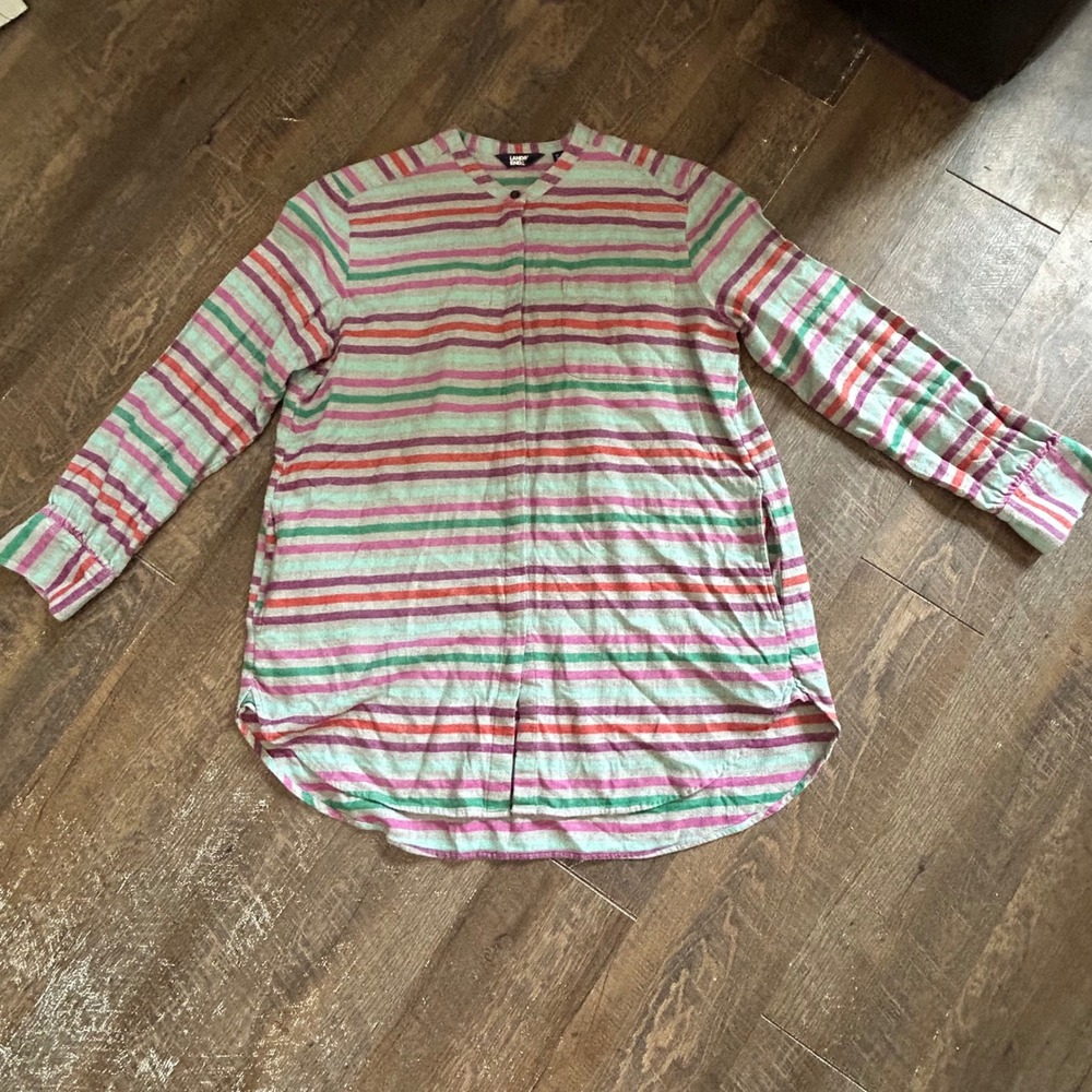 Lands End Womens Large Striped‎ Flannel Tunic Shirt Mandarin Collar Side Pockets